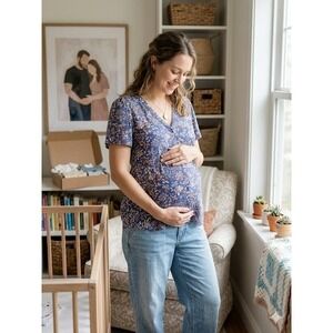 Isabel Maternity Ingrid & Isabel Blue Floral Button Front V-Neck Blouse Small